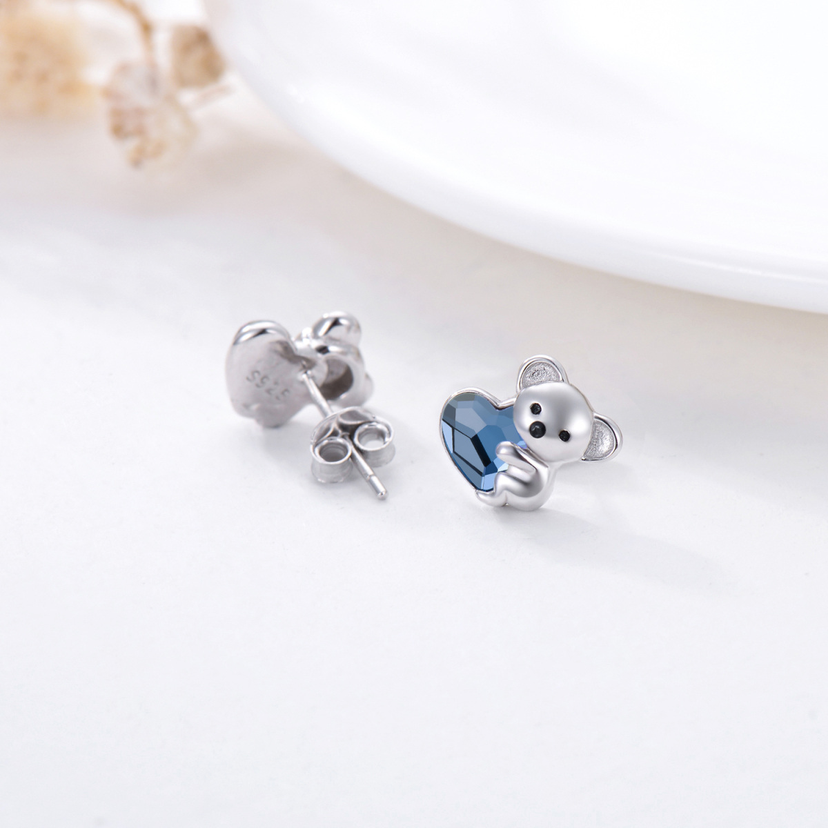 Sterling Silver Heart Shaped Crystal Koala Stud Earrings-5