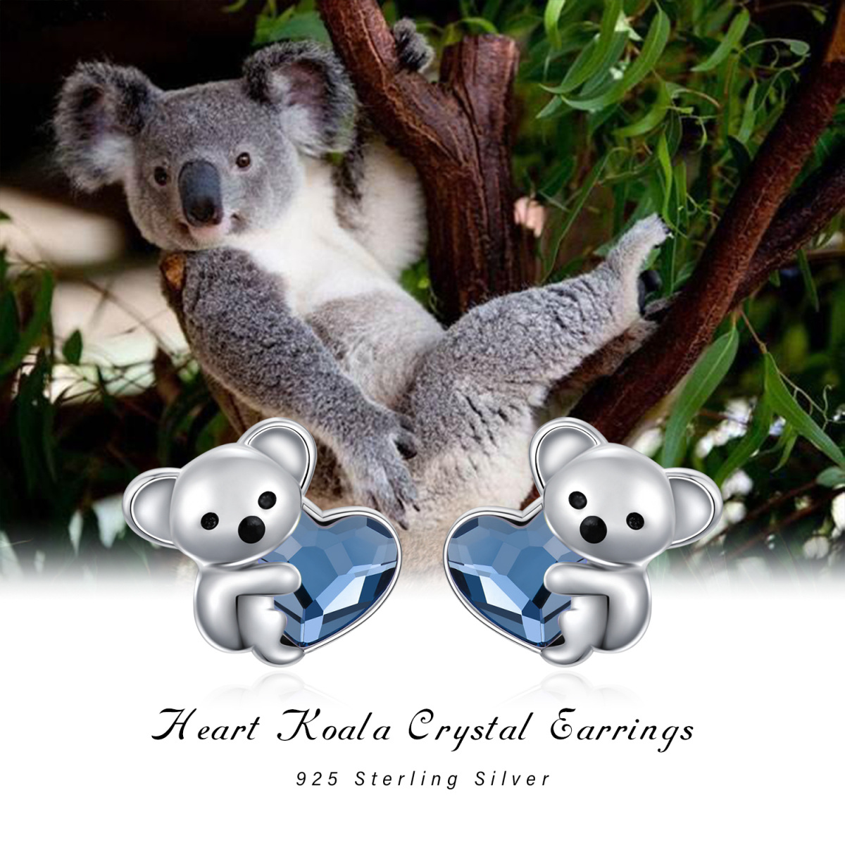 Boucles d'oreilles Koala en argent sterling en forme de coeur et cristal-6