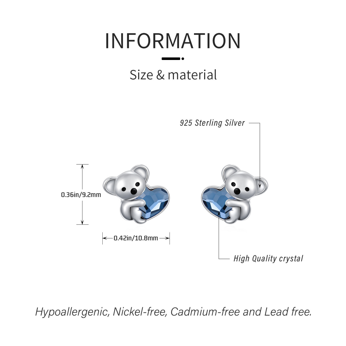 Sterling Silber Herzform Kristall Koala Ohrstecker-7