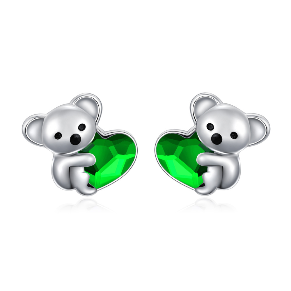 Sterling Silver Heart Shaped Crystal Koala Stud Earrings-1