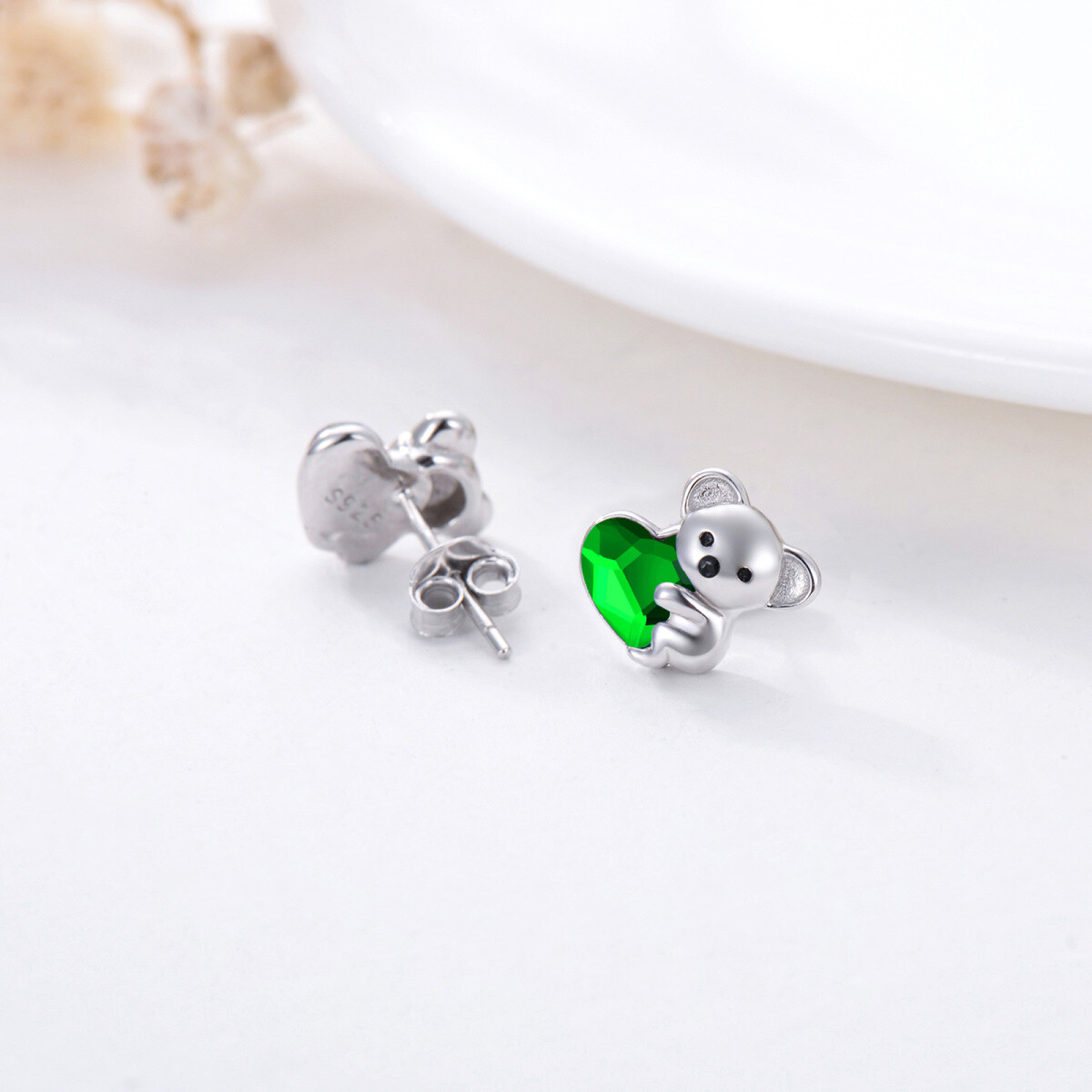Sterling Silver Heart Shaped Crystal Koala Stud Earrings-5
