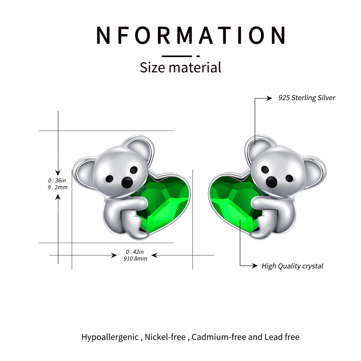 Sterling Silver Heart Shaped Crystal Koala Stud Earrings-7