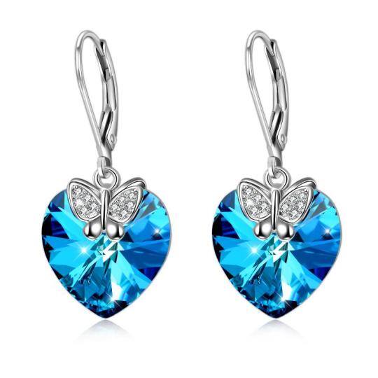 Sterling Silver Heart Crystal Butterfly Lever-Back Earrings For Women