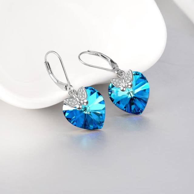 Sterling Silver Heart Shaped Crystal Heart Lever-back Earrings-5