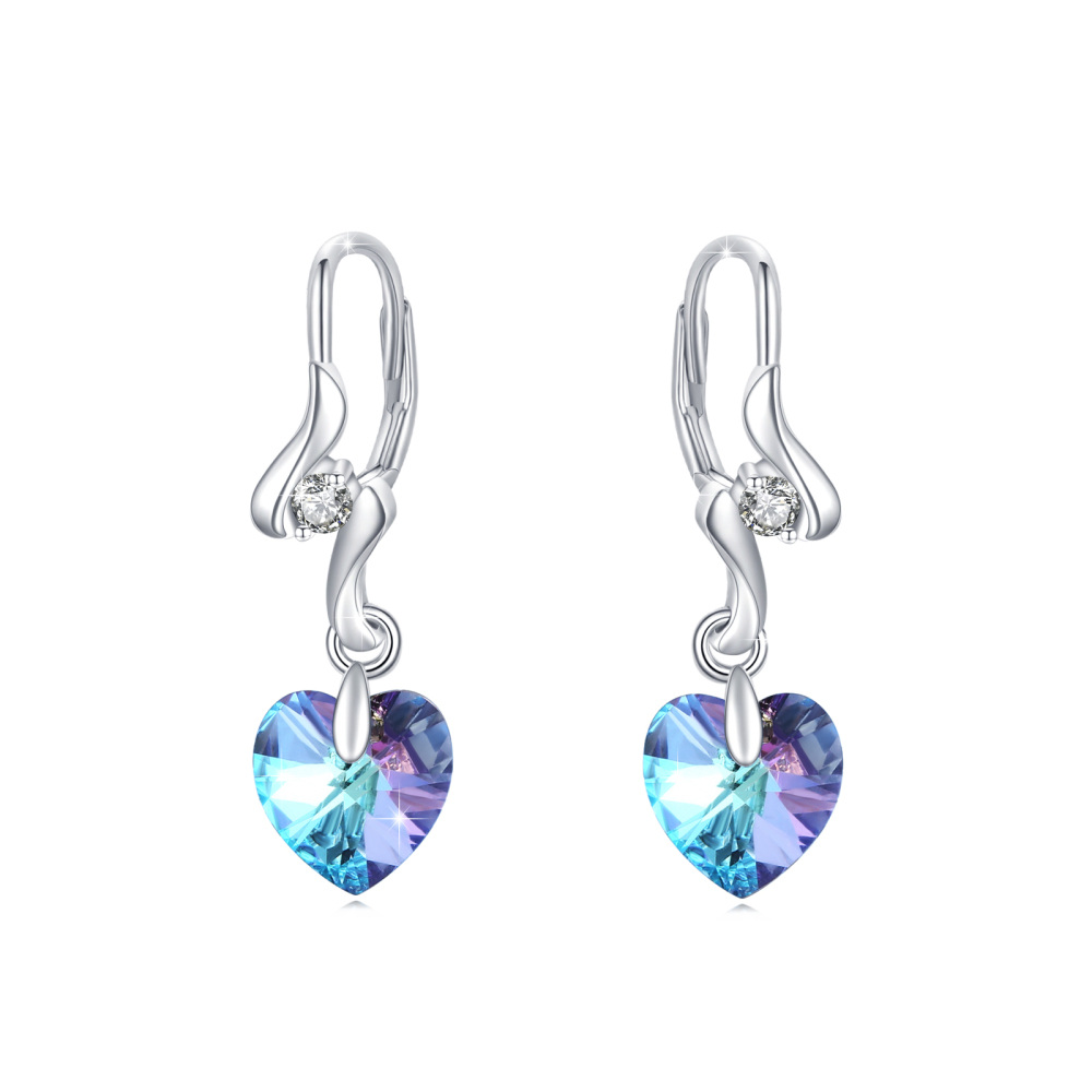 Sterling Silver Heart Crystal Lever-Back Earrings For Women-1