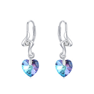 Sterling Silver Heart Crystal Lever-Back Earrings For Women-16