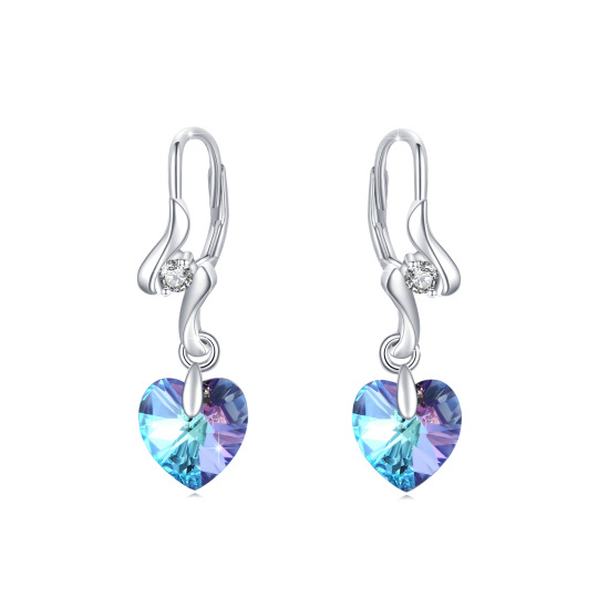 Sterling Silver Heart Crystal Lever-Back Earrings For Women