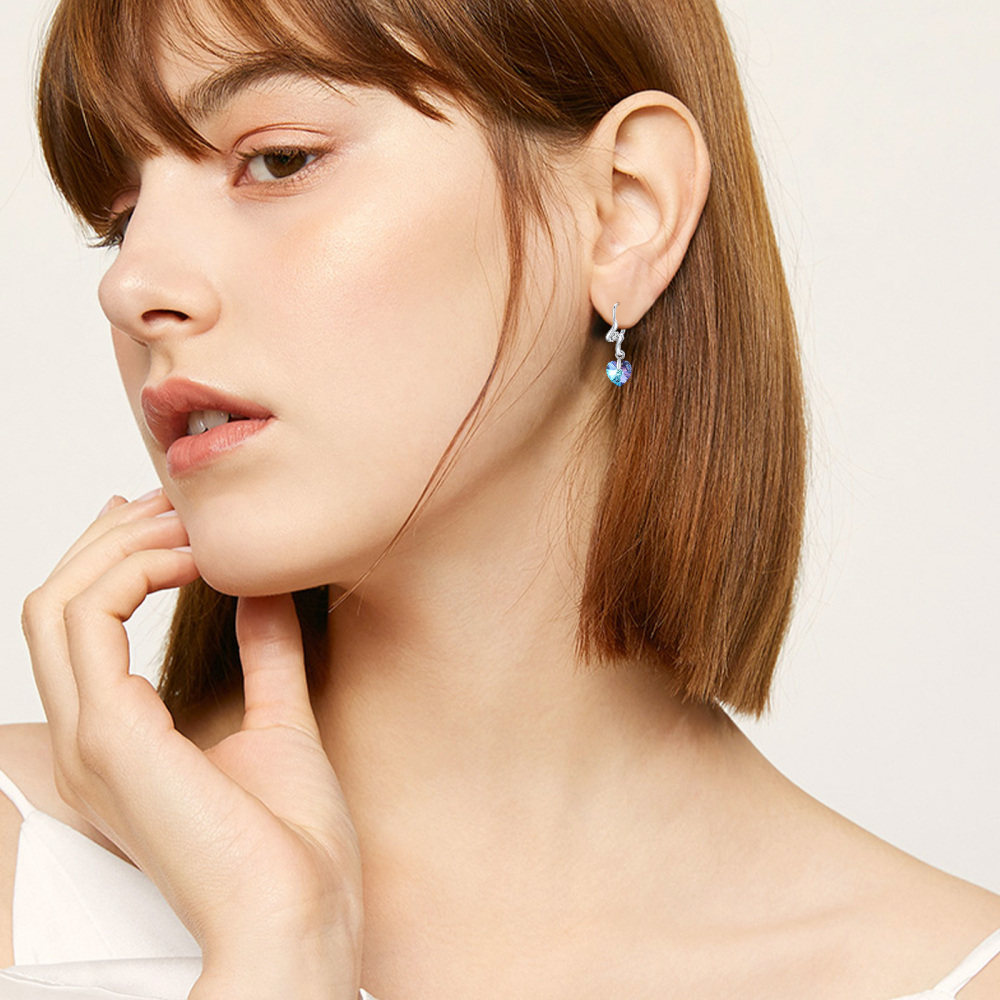 Sterling Silver Heart Crystal Lever-Back Earrings For Women-2