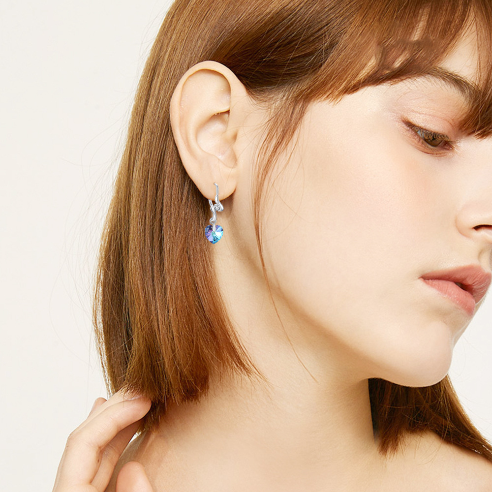 Sterling Silver Heart Crystal Lever-Back Earrings For Women-3