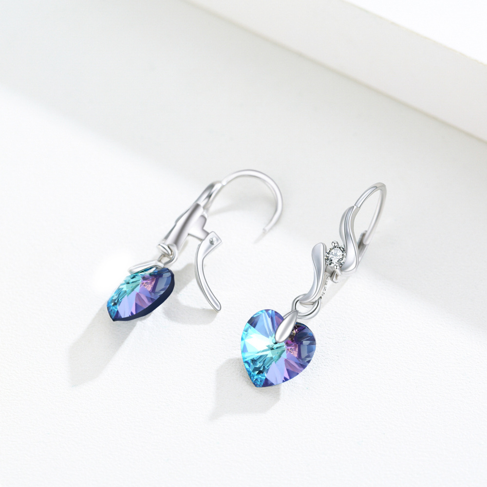 Sterling Silver Heart Crystal Lever-Back Earrings For Women-4