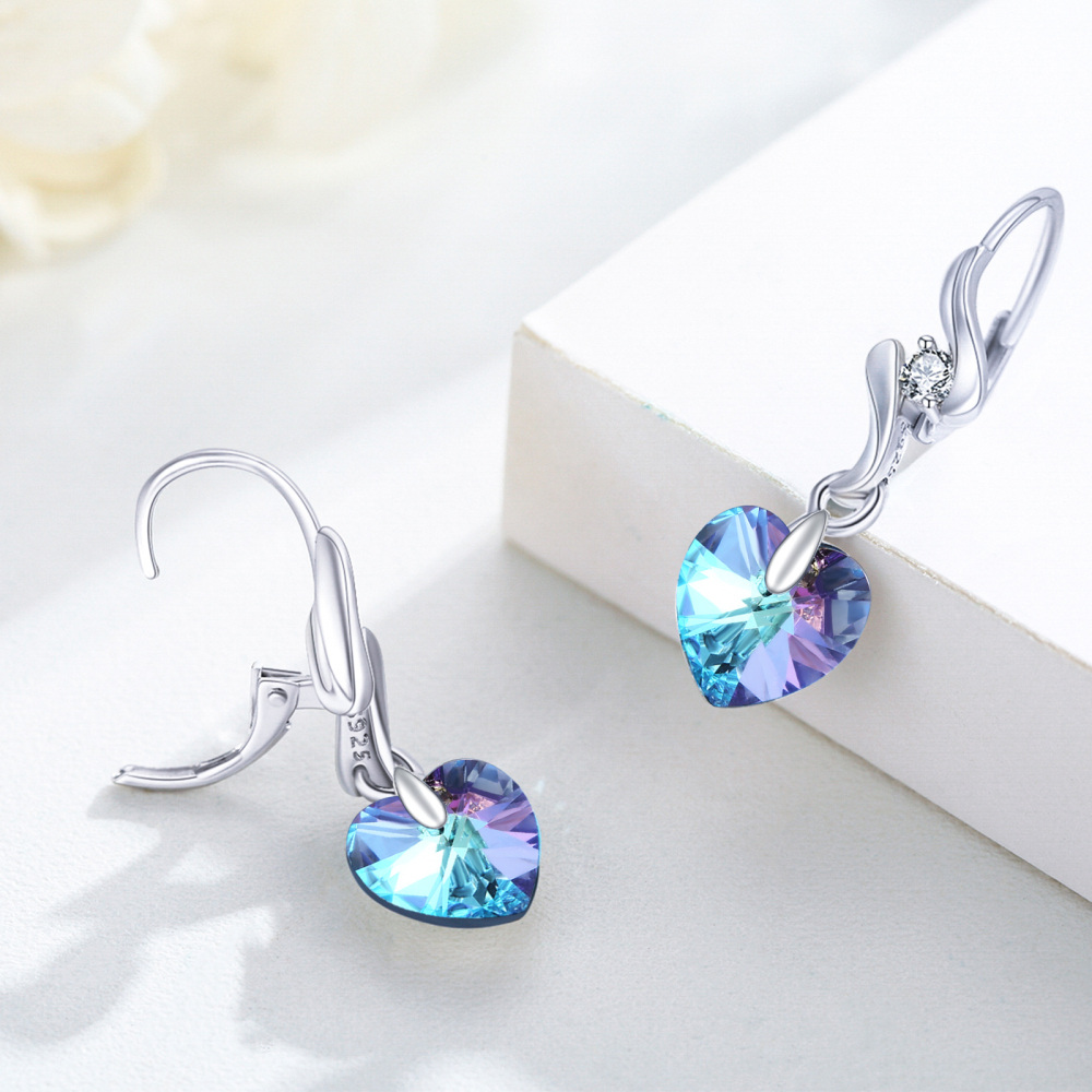 Sterling Silver Heart Crystal Lever-Back Earrings For Women-5