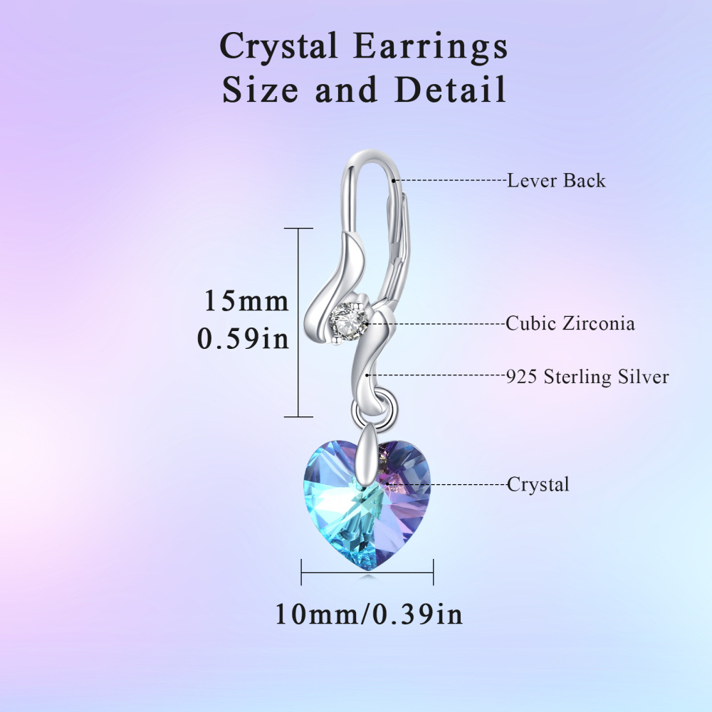 Sterling Silver Heart Crystal Lever-Back Earrings For Women-6
