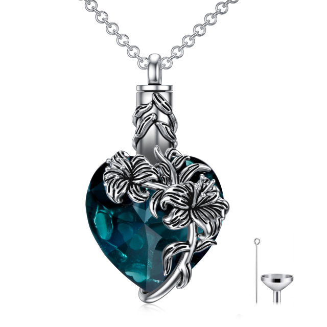 Sterling Silver Heart Shaped Crystal Lily & Heart Urn Necklace for Ashes-1