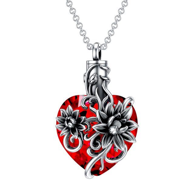 Collana d'argento a forma di cuore con loto di cristallo e urna a forma di cuore per le ceneri-1