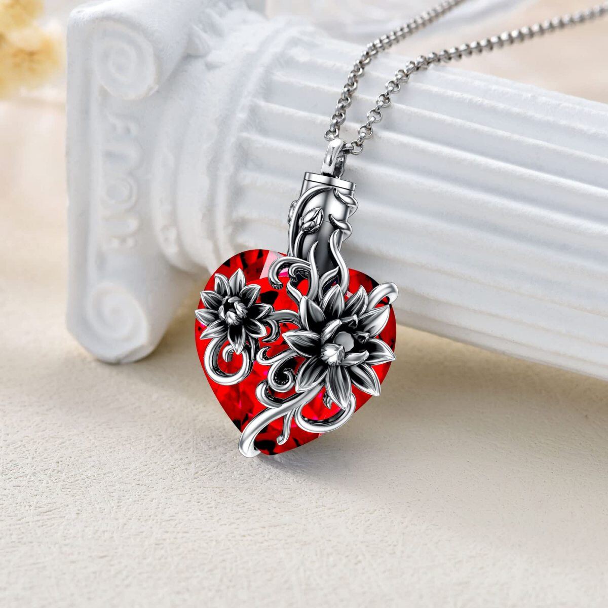 Collar de plata de ley con forma de corazón de loto de cristal y urna de corazón para ceni-4