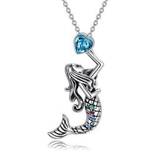 Sterling Silver Heart Shaped Crystal Mermaid Pendant Necklace-52