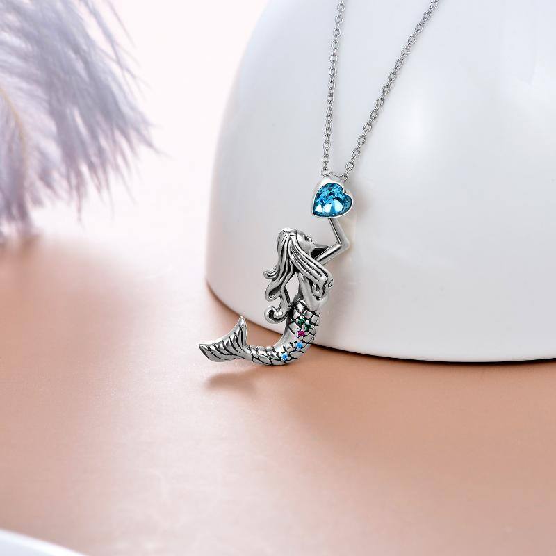 Sterling Silver Heart Shaped Crystal Mermaid Pendant Necklace-3