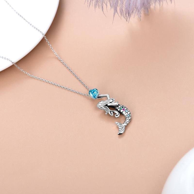 Sterling Silver Heart Shaped Crystal Mermaid Pendant Necklace-4