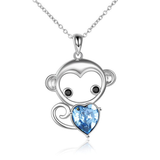 Sterling Silver Heart Shaped Crystal Monkey & Heart Pendant Necklace