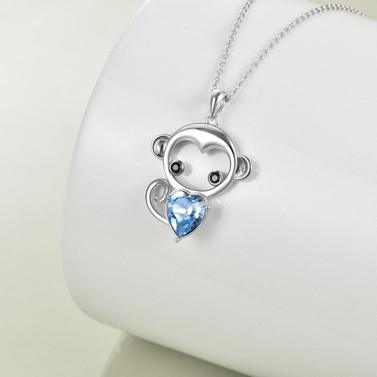 Sterling Silver Heart Shaped Crystal Monkey & Heart Pendant Necklace-3