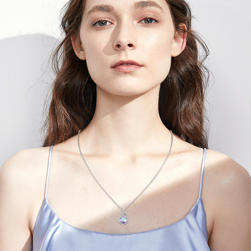 Sterling Silver Heart Shaped Crystal Moon Pendant Necklace-2