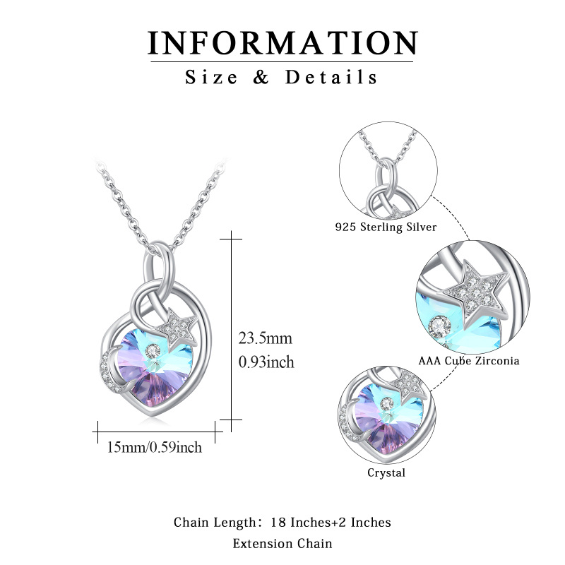 Sterling Silver Heart Shaped Crystal Moon Pendant Necklace-3