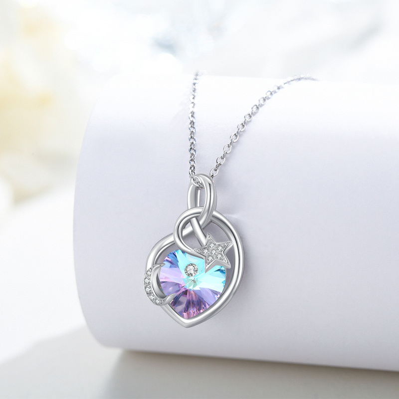 Sterling Silver Heart Shaped Crystal Moon Pendant Necklace-5