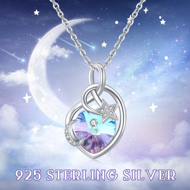 Sterling Silver Heart Shaped Crystal Moon Pendant Necklace-6