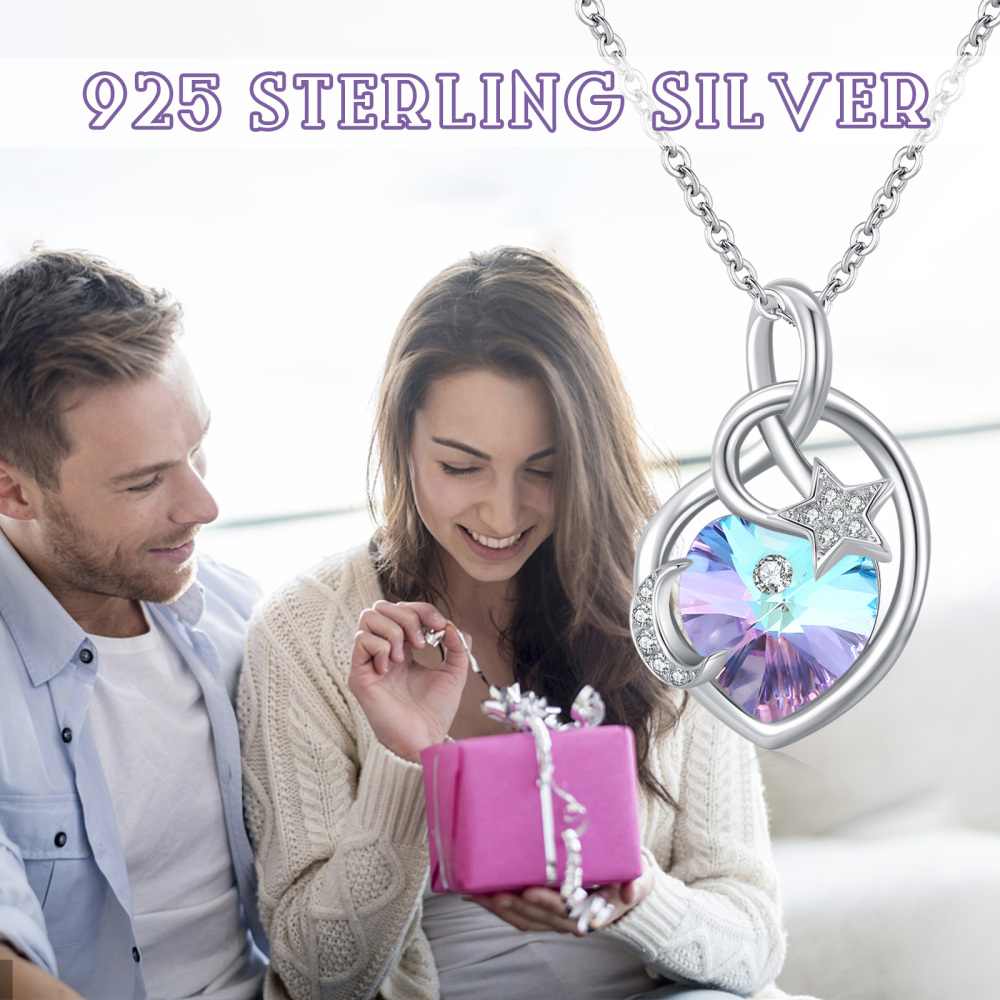 Sterling Silver Heart Shaped Crystal Moon Pendant Necklace-7