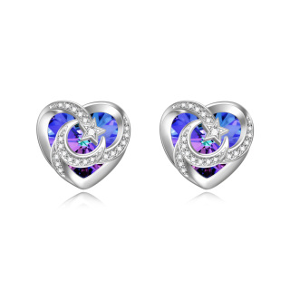 Sterling Silver Heart Shaped Crystal Heart & Moon & Star Stud Earrings-4