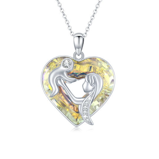 Sterling Silver Heart Shaped Crystal Mother & Daughter & Parents & Children Pendant Necklace