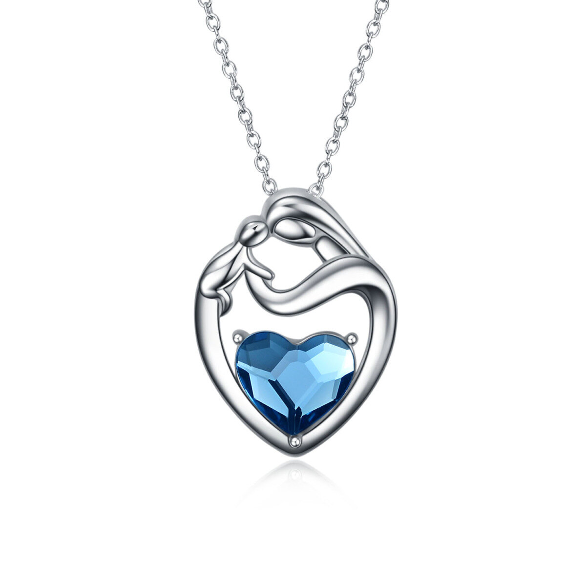 Sterling Silver Blue Heart Crystal Mother With Daughter With Heart Pendant Necklace For Women Best Friend-1