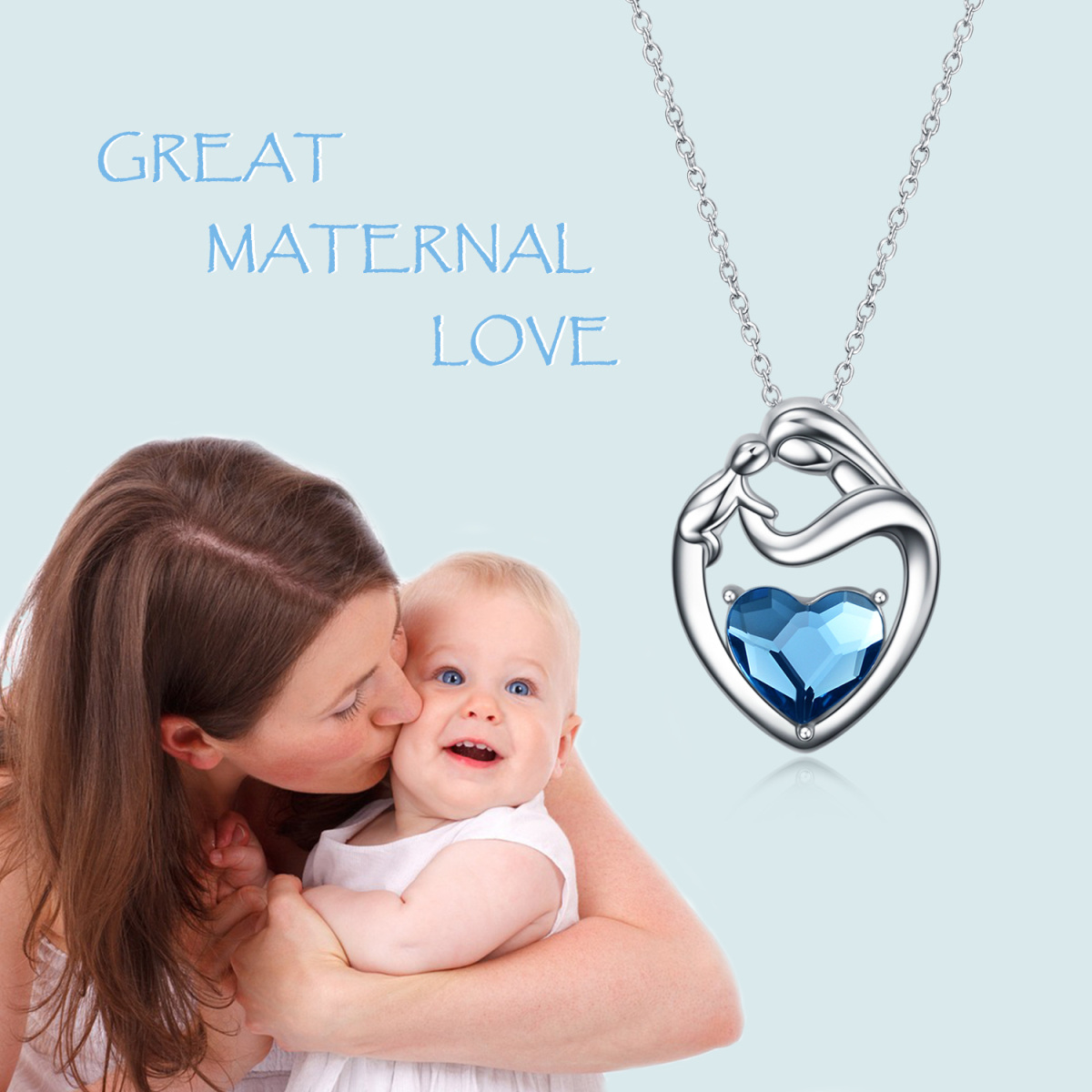 Sterling Silver Blue Heart Crystal Mother With Daughter With Heart Pendant Necklace For Women Best Friend-2