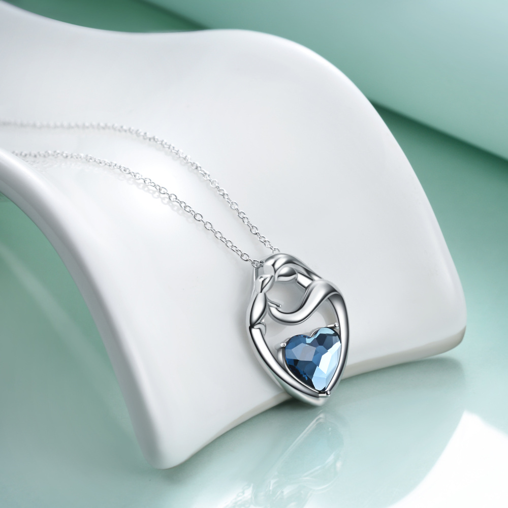 Sterling Silver Blue Crystal Heart Necklace for Women-2