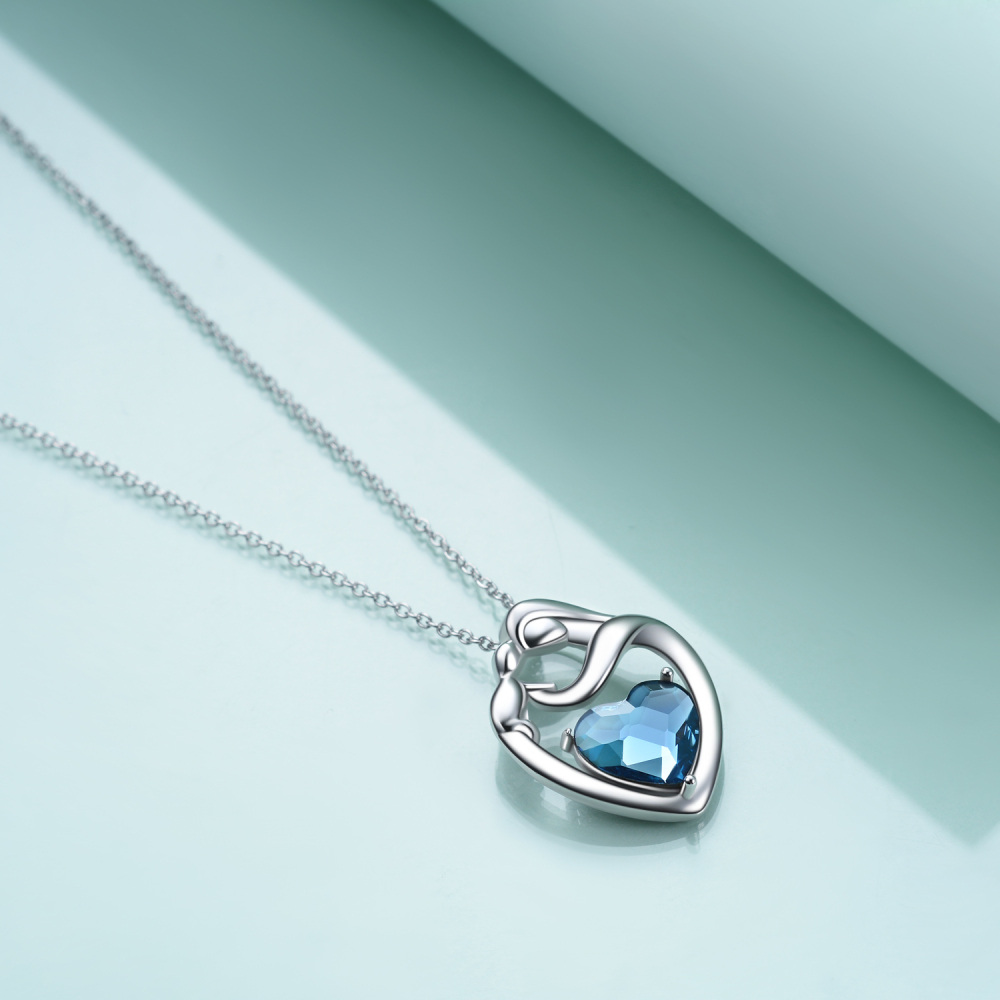 Sterling Silver Blue Crystal Heart Necklace for Women-3