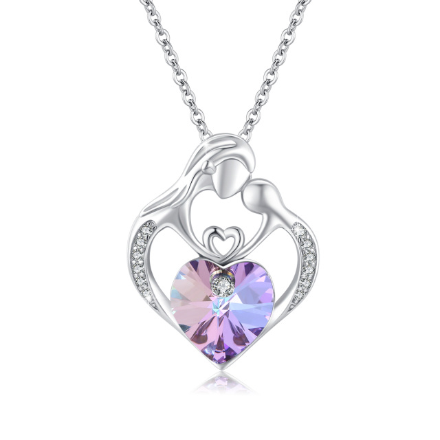 Collier en argent sterling avec pendentif mère et fille en forme de coeur en cristal-1