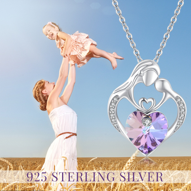 Sterling Silver Heart Shaped Crystal Mother & Daughter Pendant Necklace-5