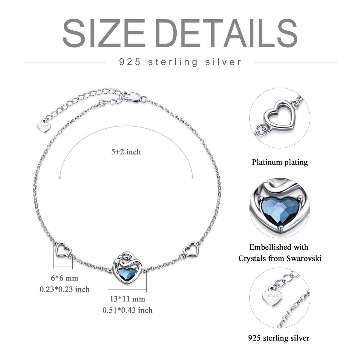 Sterling Silver Heart Crystal Mother And Children Heart Pendant Bracelet For Women-5