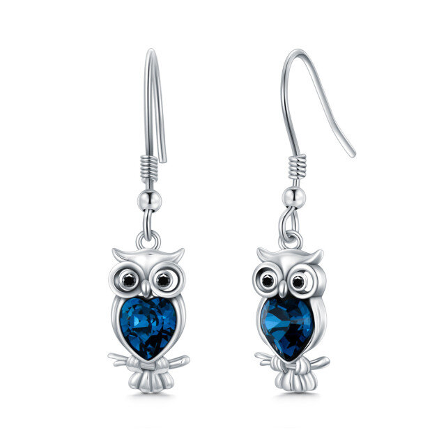 Sterling Silver Heart Shaped Crystal Owl Drop Earrings