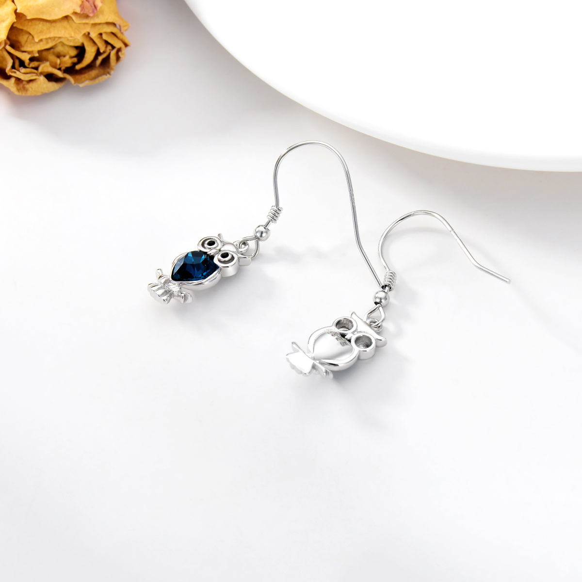 Boucles d'oreilles pendantes en argent sterling en forme de coeur et de hibou en cristal-4