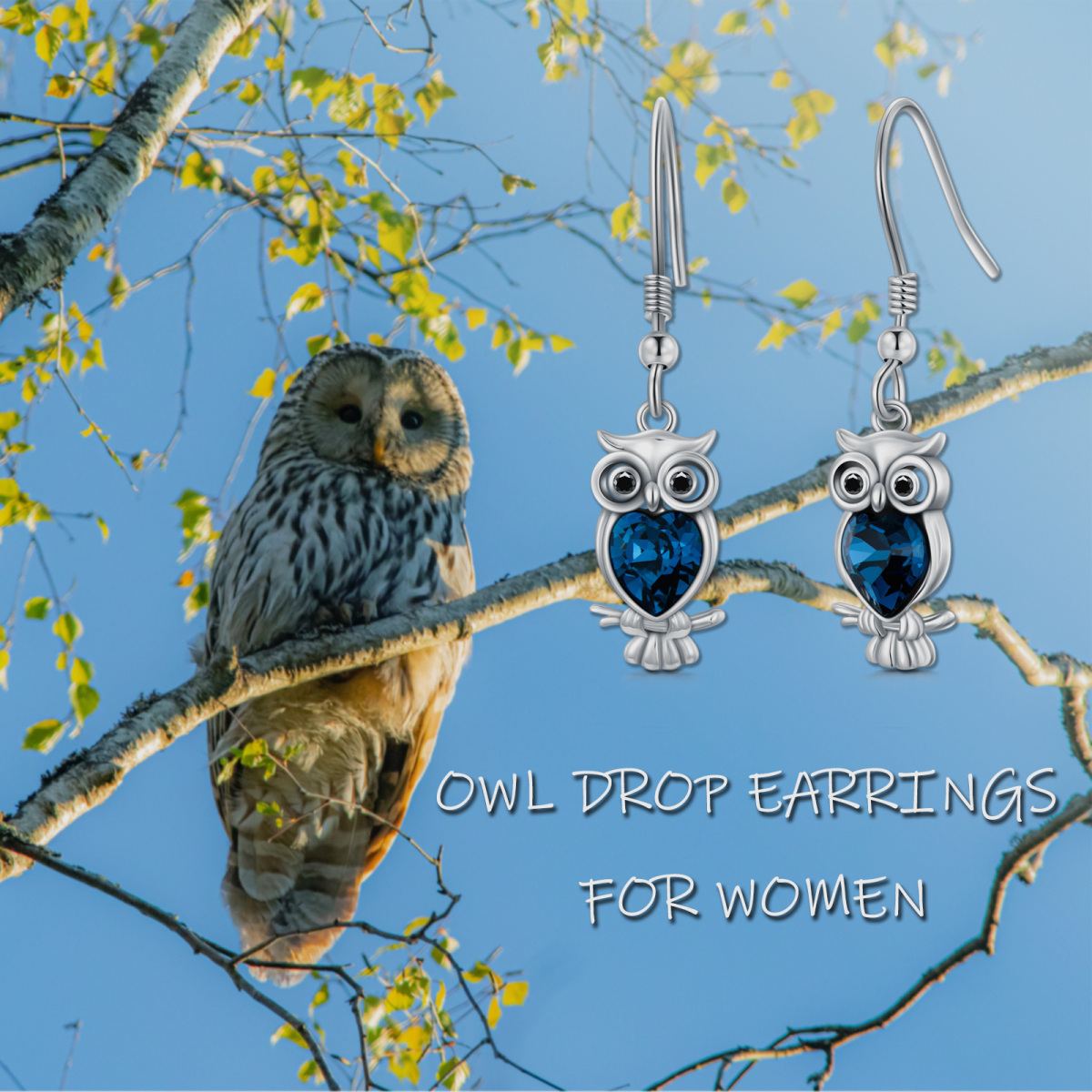 Sterling Silver Heart Shaped Crystal Owl Drop Earrings-5