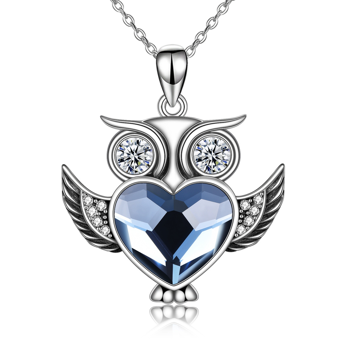 Sterling Silver Heart Shaped Crystal Owl Pendant Necklace-1