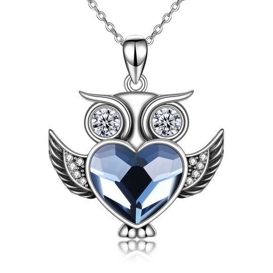 Sterling Silver Heart Shaped Crystal Owl Pendant Necklace