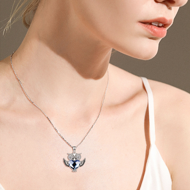 Sterling Silver Heart Shaped Crystal Owl Pendant Necklace-2