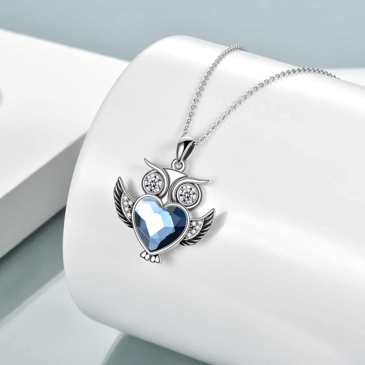 Sterling Silver Heart Shaped Crystal Owl Pendant Necklace-3