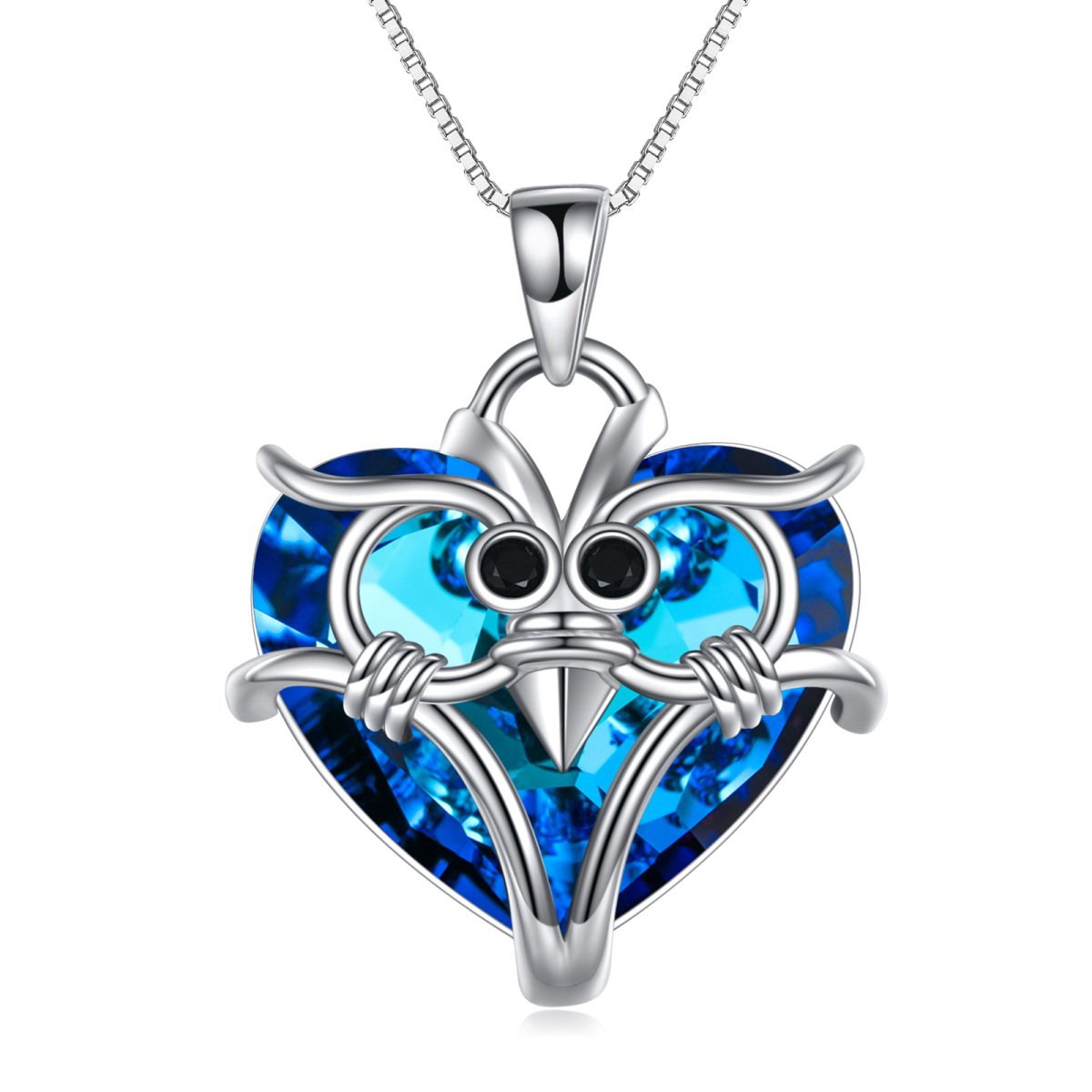 Sterling Silver Heart Shaped Crystal Owl Pendant Necklace-1