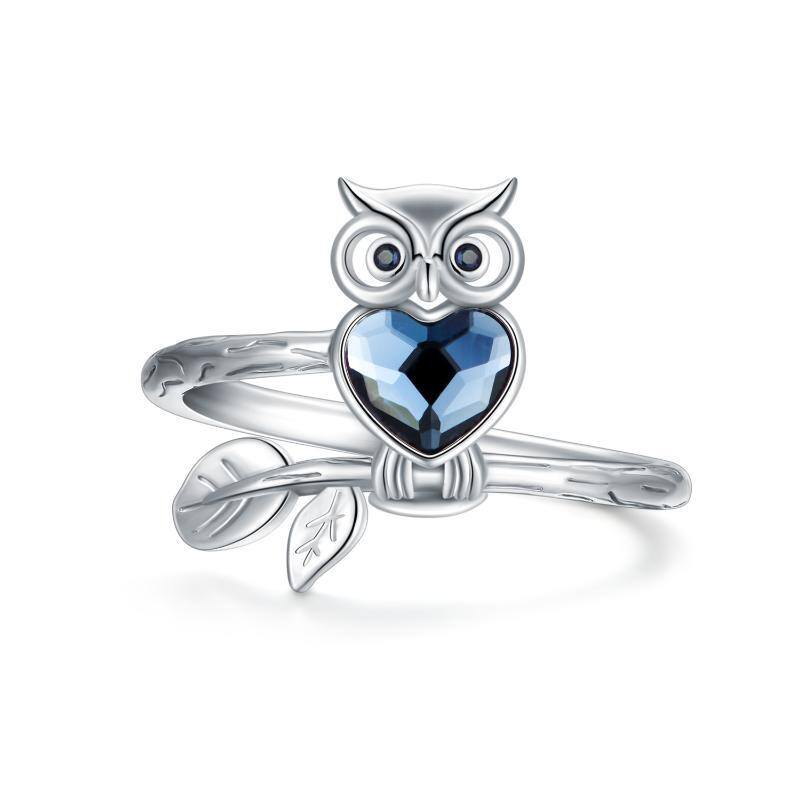 Sterling Silver Heart Crystal With Owl Ring For Women-1