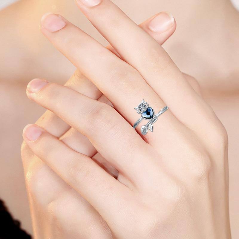 Anillo de plata de ley con forma de corazón y búho para mujer-2