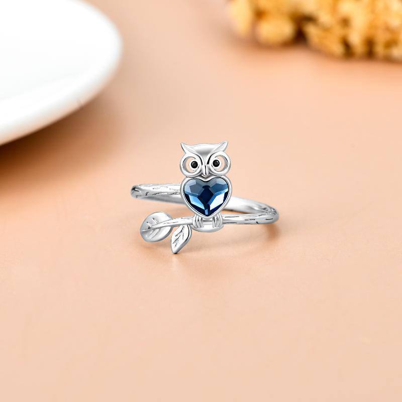 Sterling Silver Heart Crystal With Owl Ring For Women-3