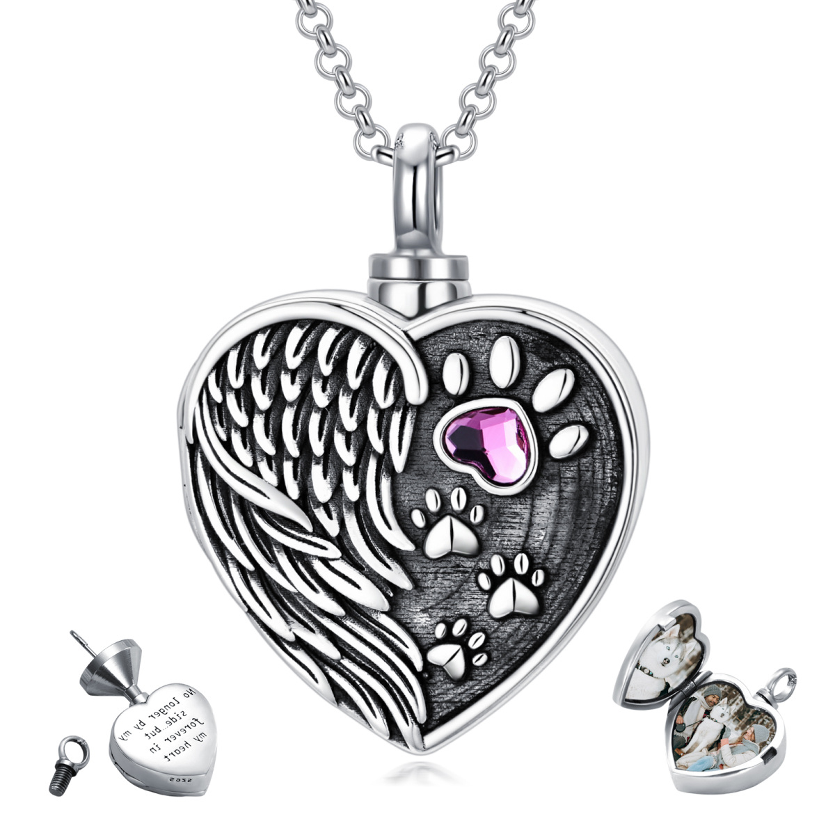 Zampa di cristallo a cuore in argento sterling con ala d'angelo con collana con urna con medaglione personalizzato per ceneri da donna-1